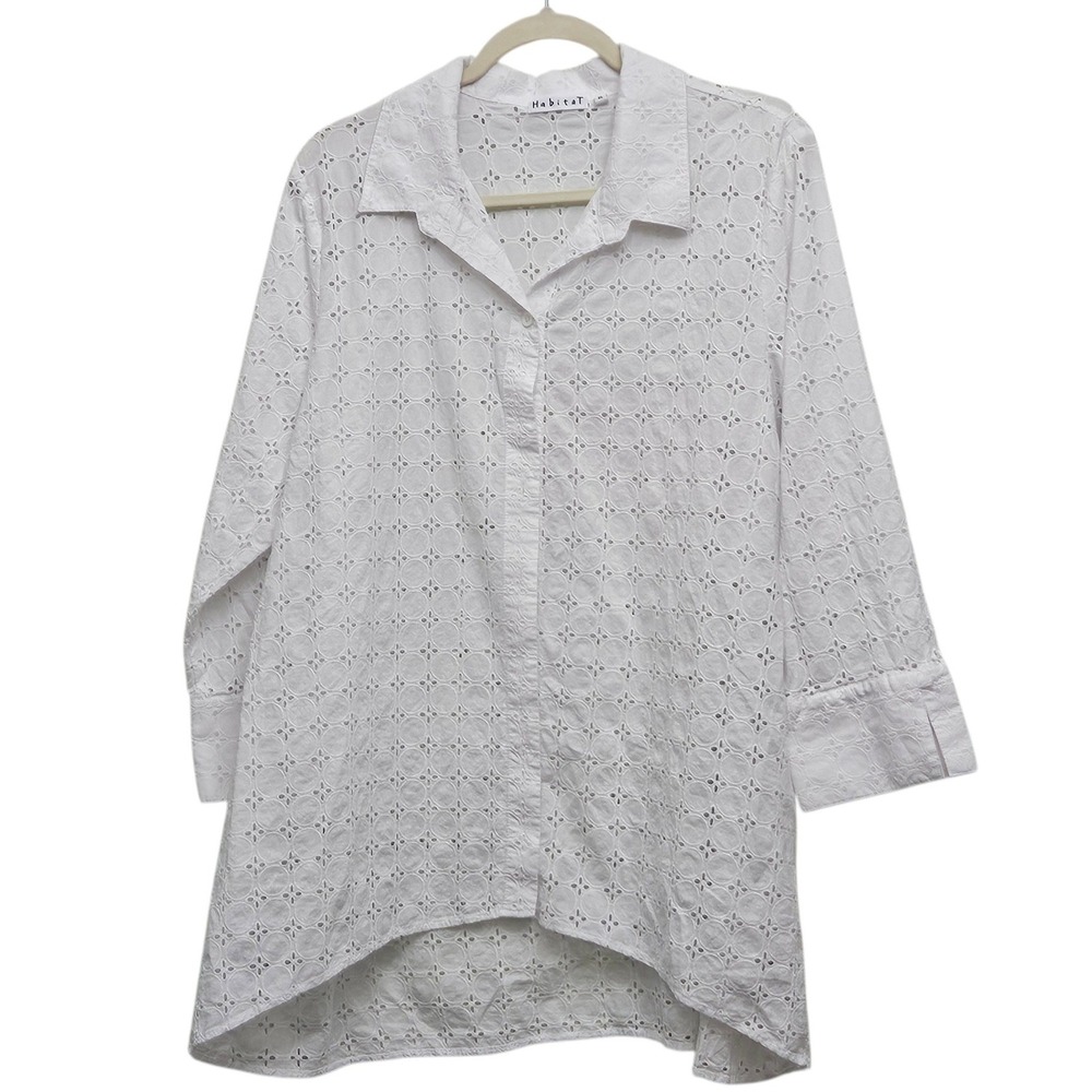 Habitat Eyelet Button Down Shirt XL White Cotton Cottage Tunic Boho Coastal